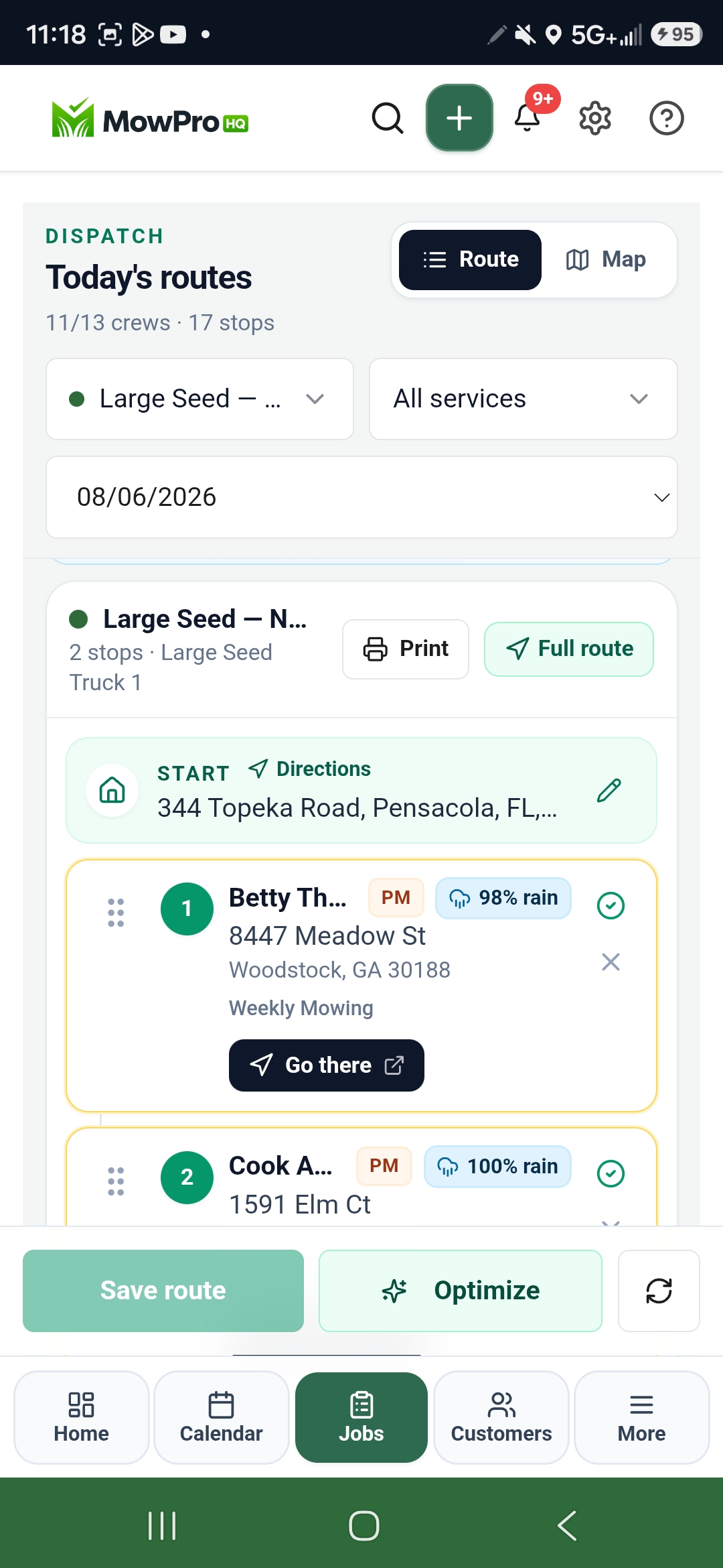 MowProHQ dispatch board for today’s routes with crew stops, rain badges, and Optimize