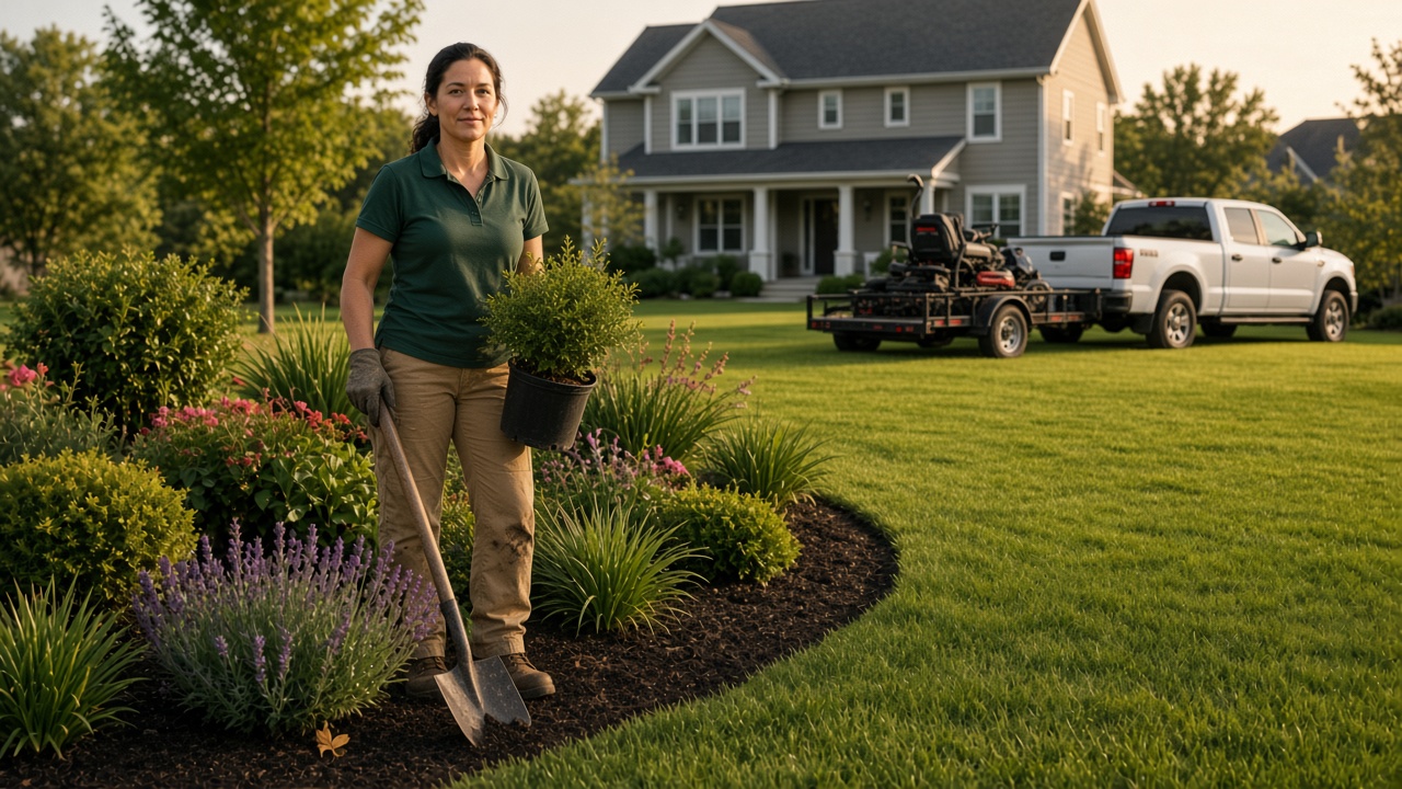 Landscaper planting a shrub beside a mulch bed, with a work truck and mower in the driveway
